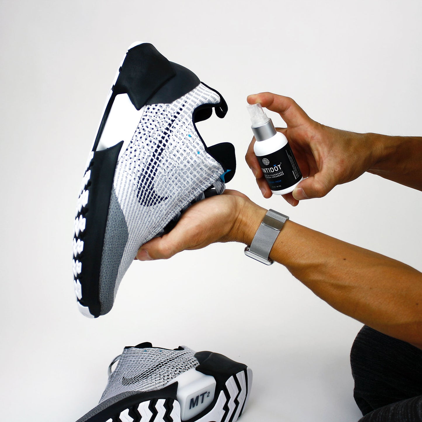 Sneakerhead spraying shoe deodorizer ANTIDŌT by sōlscience Sneaker Freshener Future Fresh Sneaker Spray